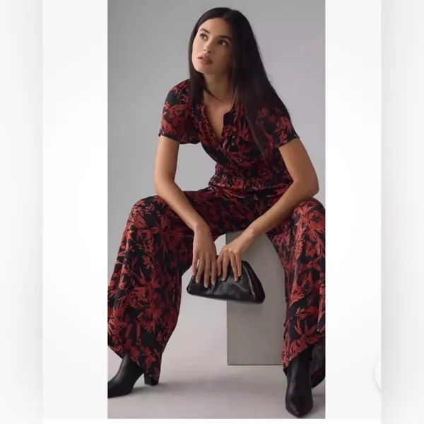 Anthropologie The Somerset Floral Jumpsuit Satin Red Small Wedding Festival Chic - Image 4