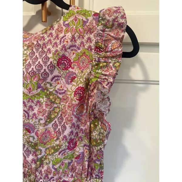 Taylor Pink Green Floral Paisley Ruffle Sleeve Cotton Dress cottagecore Medium - Image 6