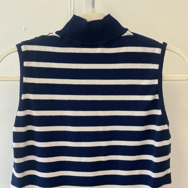 Rafiana Navy White Striped Sleeveless Mock Neck Knit Top Gold Button Detail M - Image 4