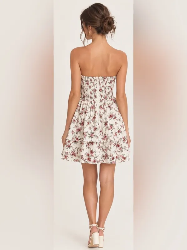 Altar'd State Ivory Strapless Floral Tiered Mini Dress Size Large - Image 2