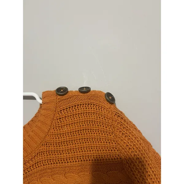 Women's Bass Cable Knit Fisherman's Orange Large Sweater Shoulder Buttons Preppy - Image 4