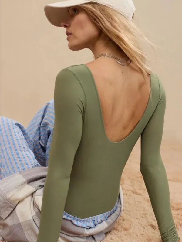 American Eagle aerie SMOOTHEZ Long Sleeve Plunge Bodysuit Olive Green Med - Image 2
