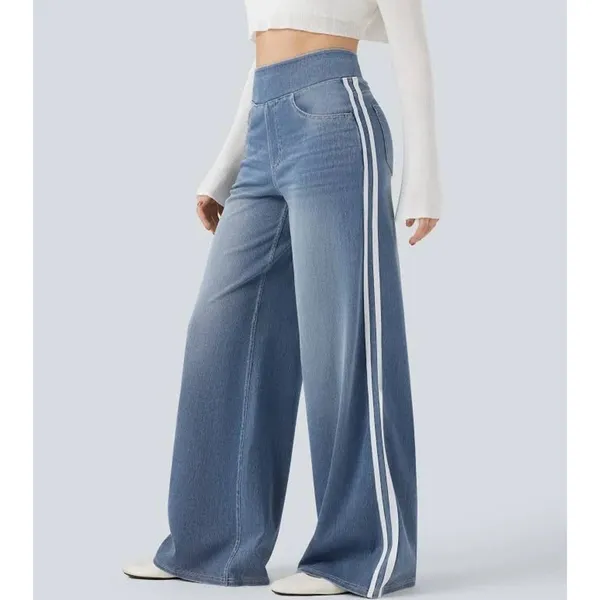 Halara Flex High Waisted Stripe Wide Leg Jeans Light Blue Wash L Regular - Image 9