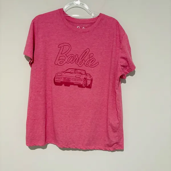 Mattel Barbie Graphic T Shirt Short Sleeve Car‎ Velvet Print Tee pink Women’s XL - Image 2