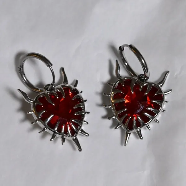 Silver and Red Heart Earrings goth tattoo flame flaming witchy drop cute gift - Image 2