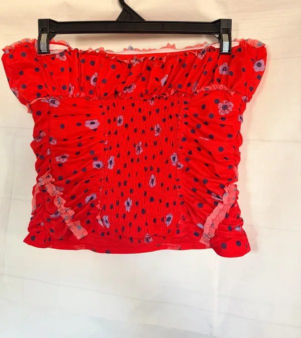 Free People Red Ruched Floral Polka Dot Tube Top Y2K Boho NWOT Size S - Image 3