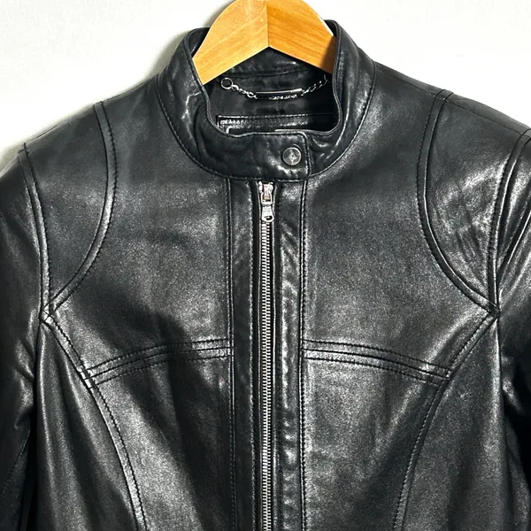 Wilson's Genuine Leather Biker Jacket Womens Medium Black Cafe Racer Moto Bomber - Image 2