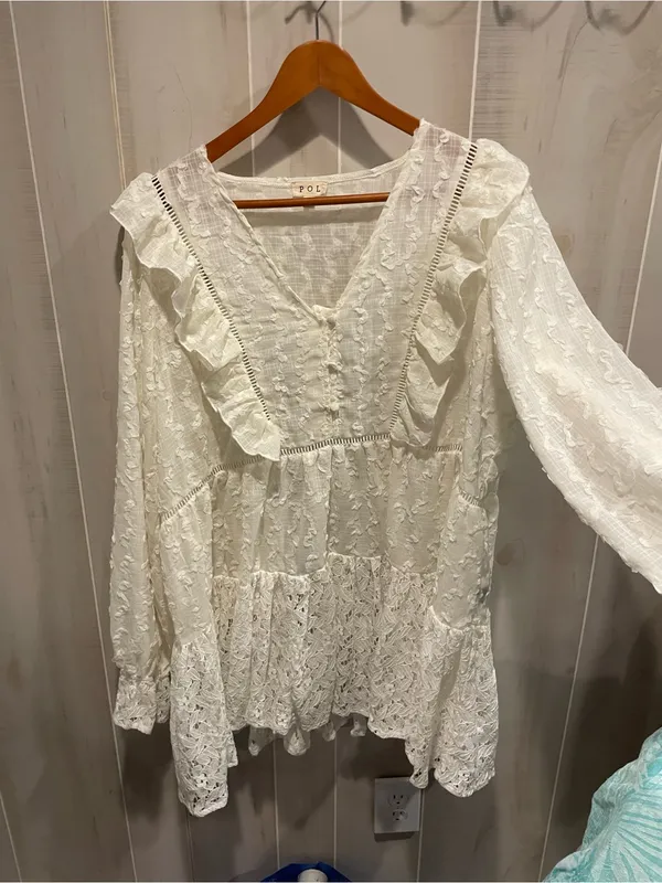 Cute ruffle Pol creamy vanilla lace ruffle peasant mini dress boho gypsy dream - Image 5