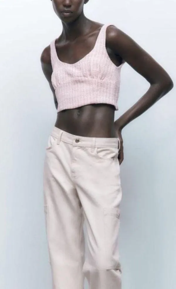 Zara light pink trendy tweed crop top NEW - Image 3