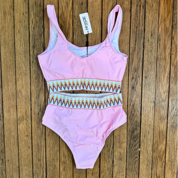Aimage Pink High Waist Bikini Set‎ Two Piece Swimsuit Cute Swimwear Size M - Image 7
