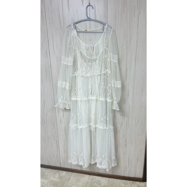 Free People Cream Stevie Embroidered Mesh & Lace Maxi Dress Celestial Fairy New - Image 3