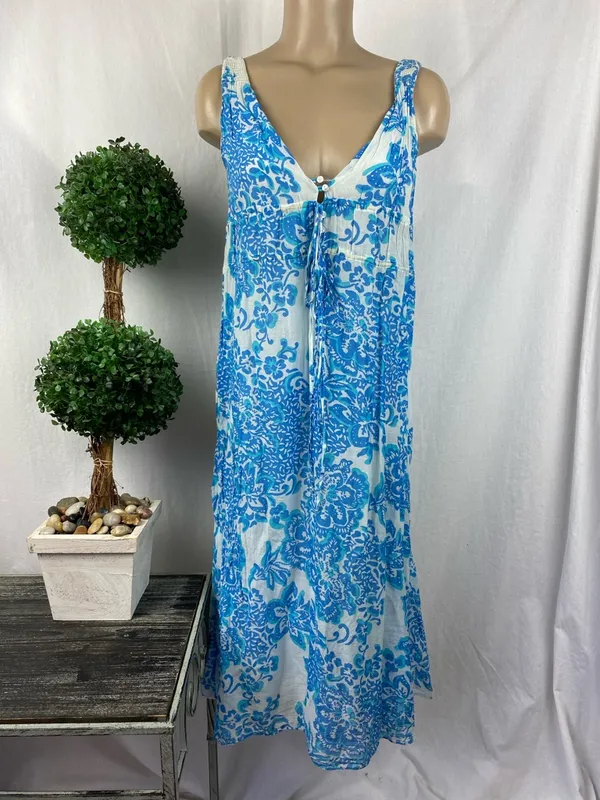 Zara Silk Blend Blue & White Floral Print Sleeveless Midi Summer Dress XS - Image 2