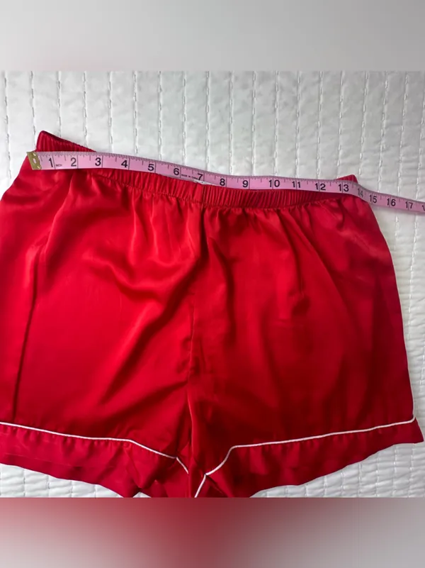 Ekouaer Bedtime Stories Red Satin Short-Sleeve Pajama Set with White Piping in Size M - Image 11