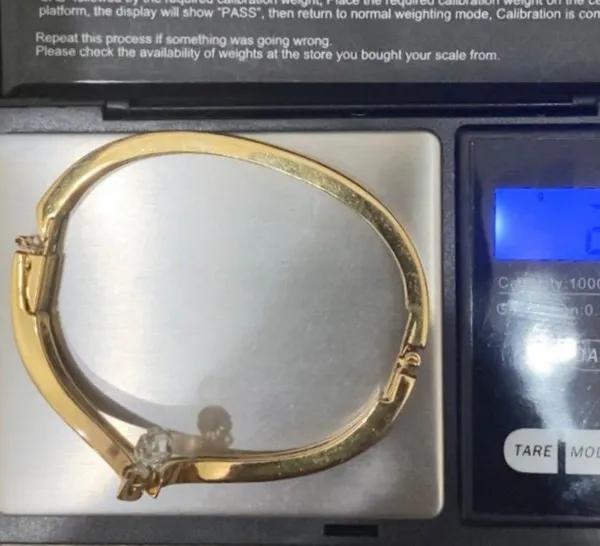 SWAROVSKI Vintage Signed Gold-tone Hinged V Bangle With Teardrop Crystal Charm - Image 9