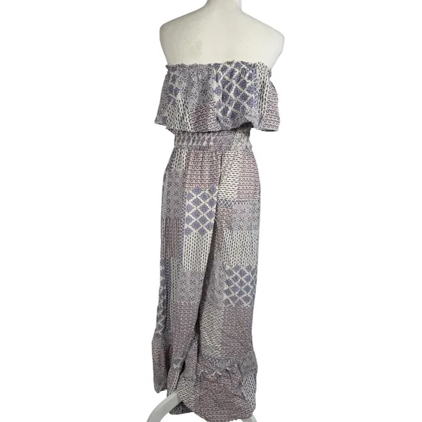 ILLA ILLA Patchwork Jumpsuit Womens L Blue Boho Off Shoulder Wide Leg Rayon - Image 10