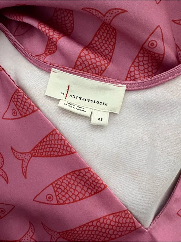 Anthropologie Pink Fish-Print V-Neck Mini Dress in Silky Satin - Image 5