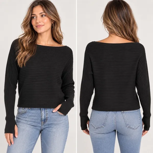 Bobi Black Ribbed Sweater Womens Medium Black Boatneck Thumbhole 34D-88527 - Image 2