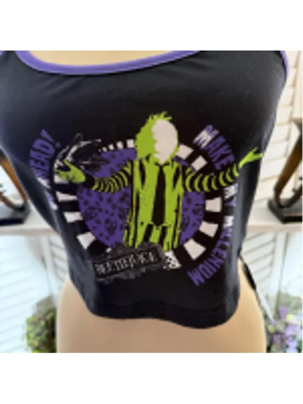 Romwe NWT Beetle Juice cropped tank top gray green lightweight gothic alt Halloween S - Image 7