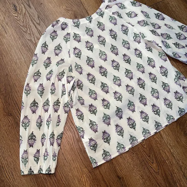 J Crew Floral 100% Cotton Split Neck Blouse Purple White Womens Size M Fall boho - Image 10