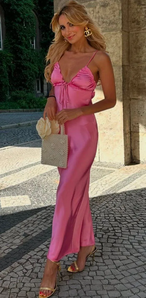 ZARA maxi dress hot satin pink lingerie style ruffled midi party Wedding cocktail Valentine’s date - Image 9