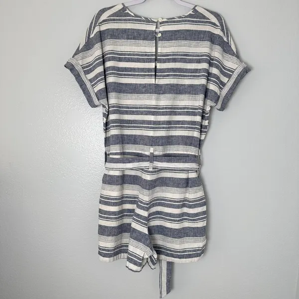 MADEWELL Size-M Romper Perimeter Striped Linen Blend Navy Blue Belted - Image 16