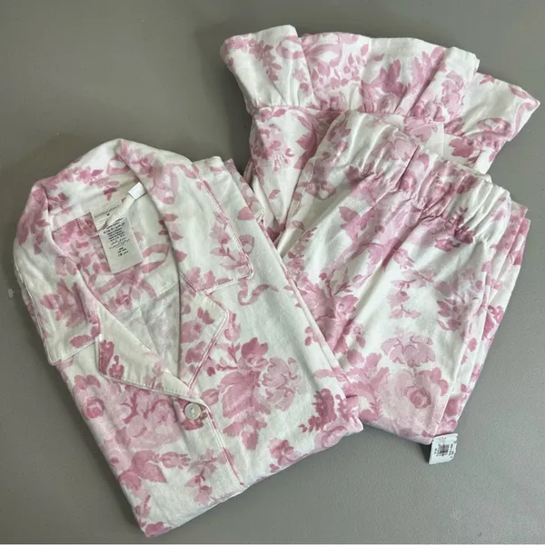 LoveShackFancy x Pottery Barn Flannel Pajama Set PJ Top & Bottoms Pink White NWT - Image 2