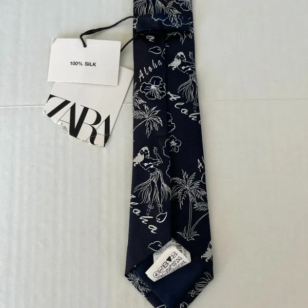 NWT Zara Sz M Navy Blue Floral Aloha Silk Thin Slim Necktie 58"‎ x 2.5" inch - Image 6