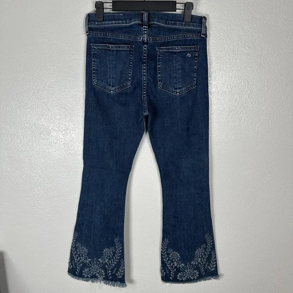 Rag & Bone Womens Jeans Size 27 10 Inch Crop Flare Blue Indigo Embroidered Hem‎ - Image 4