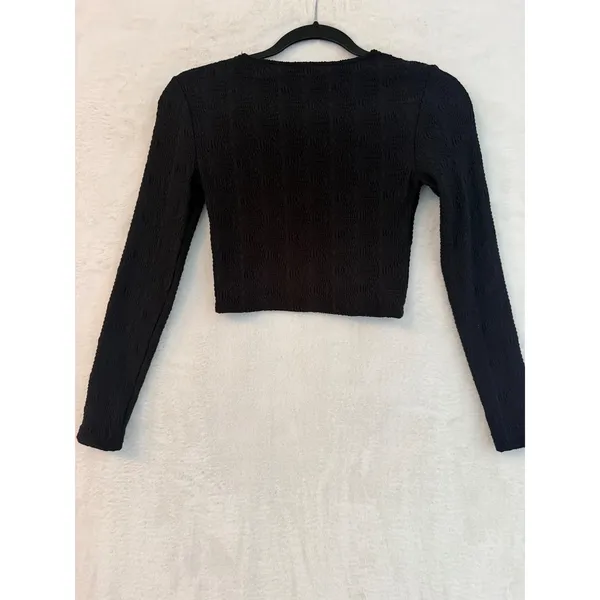 Zara Black Textured Long Sleeve‎ Crop Top Crew Neck Jacquard Pattern Small - Image 4