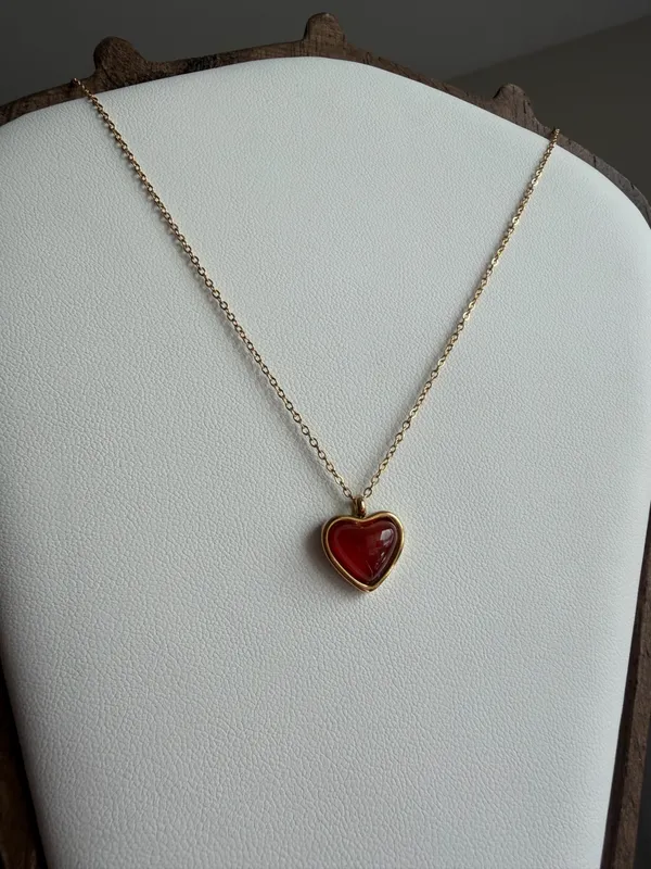 Gold necklace with red heart charm non tarnish - Image 7