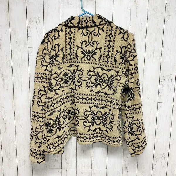 Vintage Allure Jacket Women Large Geometric‎ Printed Collared Full Zip Tan Black - Image 5