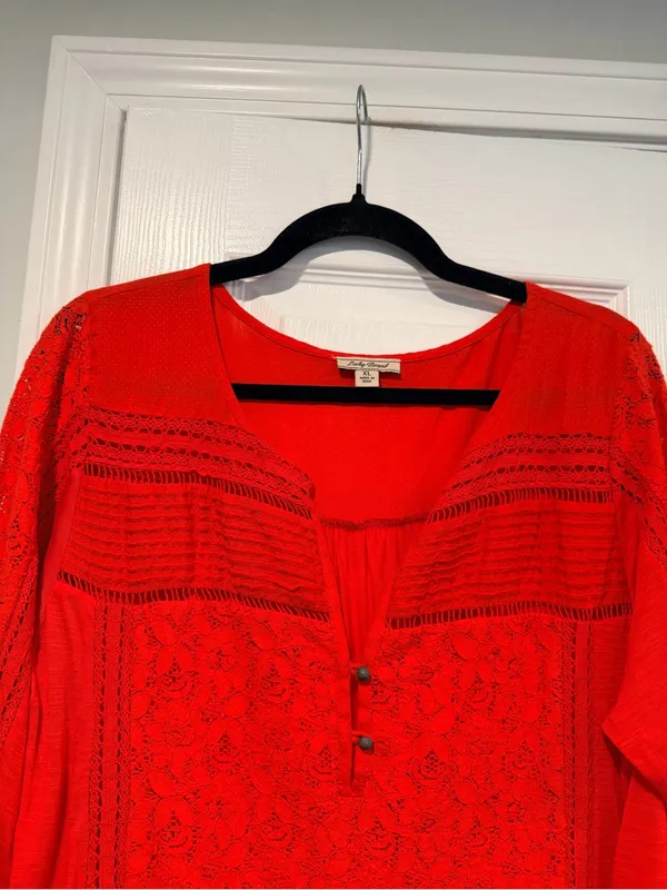 Lucky Brand Size XL Red Lace Boho Tunic Blouse 3/4 Sleeve Floral Peasant Top - Image 4