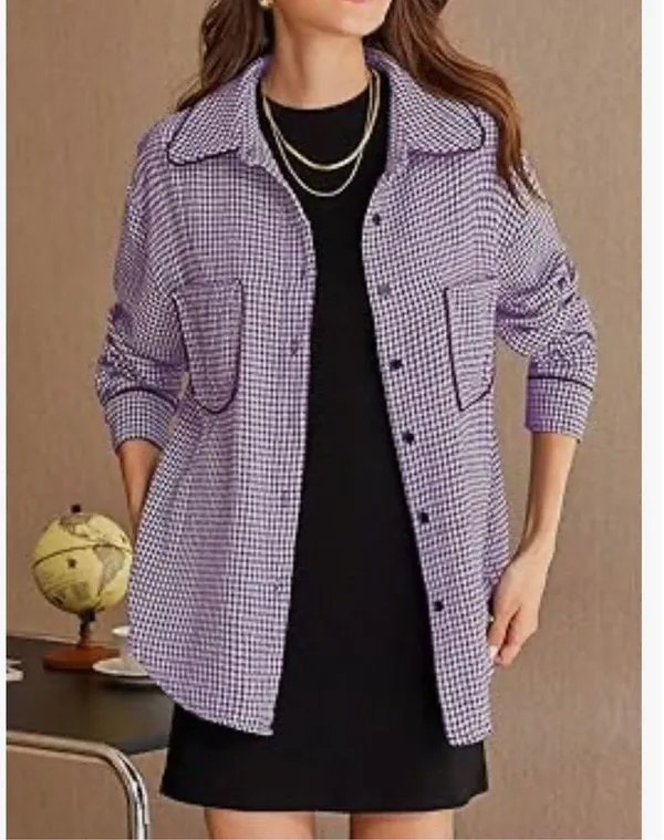 NEW Houndstooth Shacket Jacket Long Sleeve Button Down Shirt XL Purple - Image 2