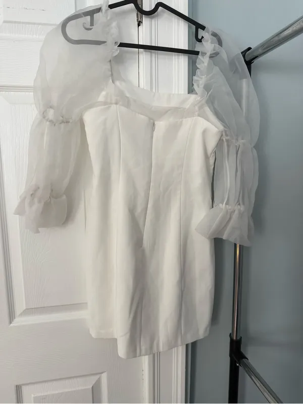 Amanda Uprichard Tia Dress Women's S Ivory Square Neck 3/4 Sheer Sleeve Back Zip - Image 3