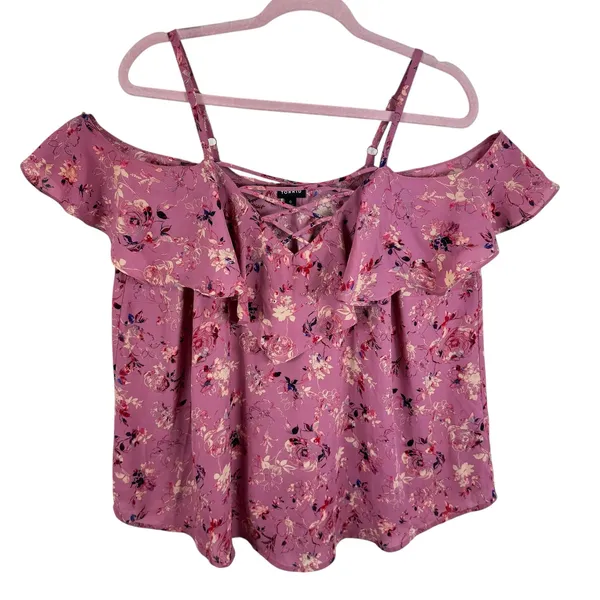 Torrid Georgette Pink Floral Off Shoulder Lightweight Flowy Ruffled Blouse Sz L‎ - Image 3