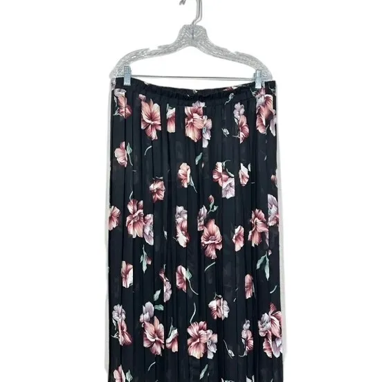 Sag Harbor Grunge 90s XL Sheer Black Floral Pleated Chiffon Pull On Midi Skirt - Image 2