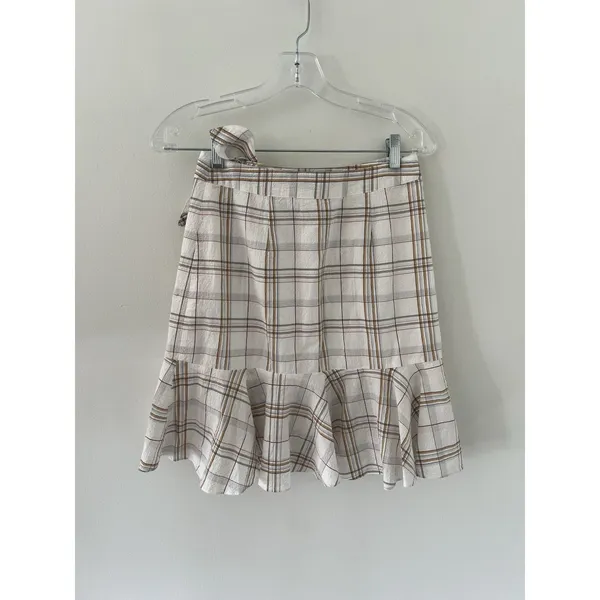 VERONICA BEARD Kaia Tan & White Check Plaid MINI Skirt w/Tie Women's Size XSmall - Image 5
