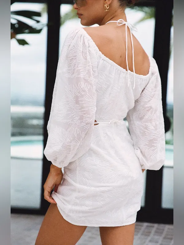 SABO Anita White Textured Long Sleeve Open Back Mini Dress Womens Large - Image 5