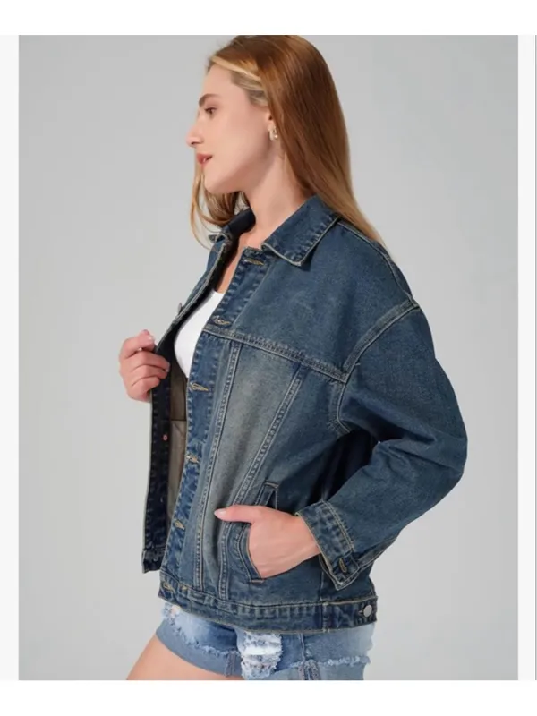 NEW Denim Jacket Oversized Button Long Sleeve Washed Jean Trucker Jacket L - Image 5