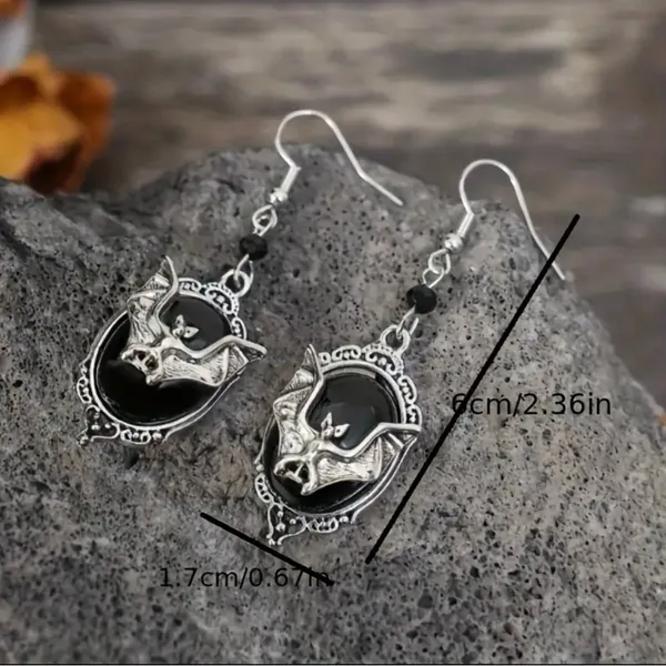 Gothic Bat Cameo Vintage Style Synthetic Black Silver-Plated Alloy Drop Earrings - Image 11