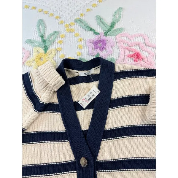 Madewell Striped Navy Cream V Neck S Button‎ Front Knit Cardigan Sweater Women - Image 6