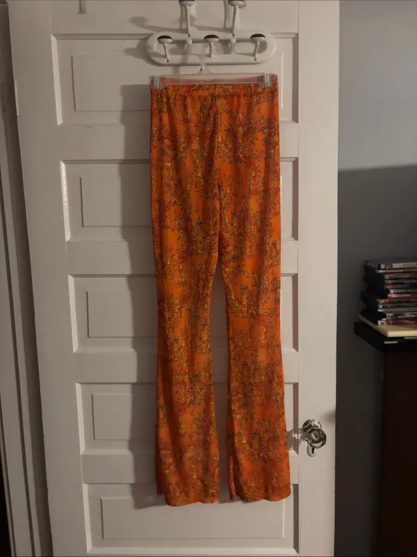 Ed Hardy Orange Flame Printed Mesh Wide-Leg Women's Pants - Image 3