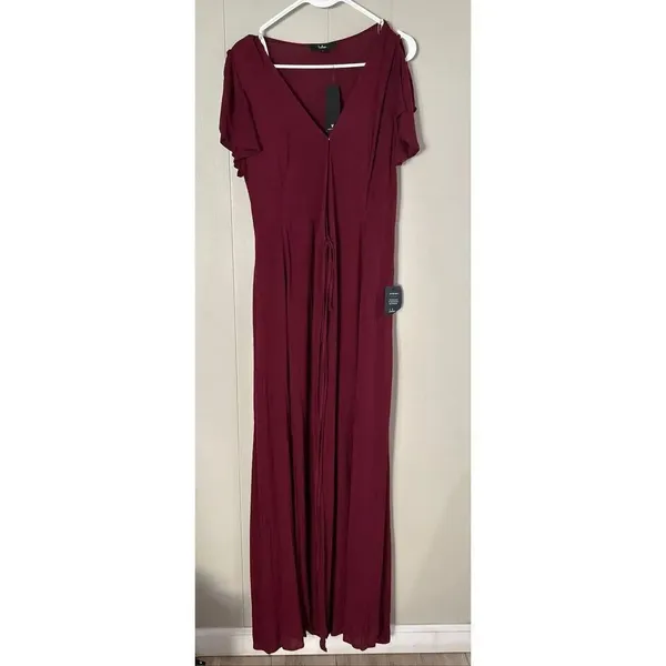 Lulus Burgundy Wide-Leg Jumpsuit NWT | Women’s Small | Flutter Sleeve Deep V - Image 3