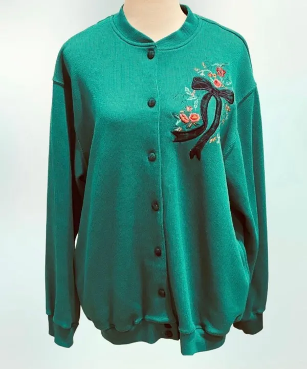 Vintage 90s Alfred Dunner green Cardigan Plaid Bow L - Image 3
