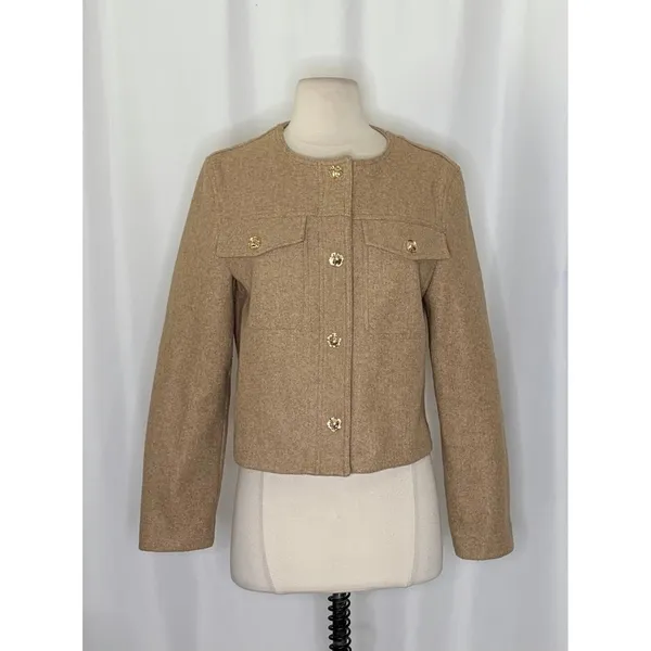 ZARA Cropped Jacket Light Brown Tan Gold Hammered Snaps Preppy Chic Small - Image 2