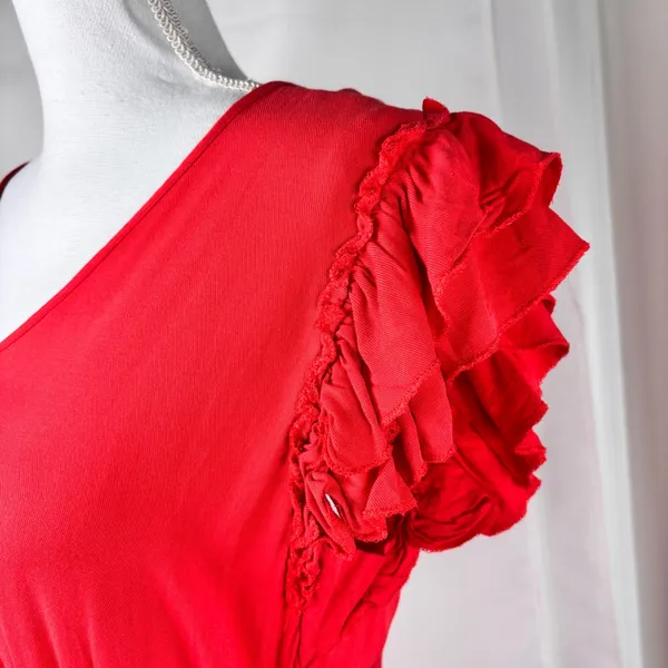 SOLITAIRE Red Summer Dress Women’s Size Medium Boho Eyelet Hem Ruffle Sleeve - Image 6