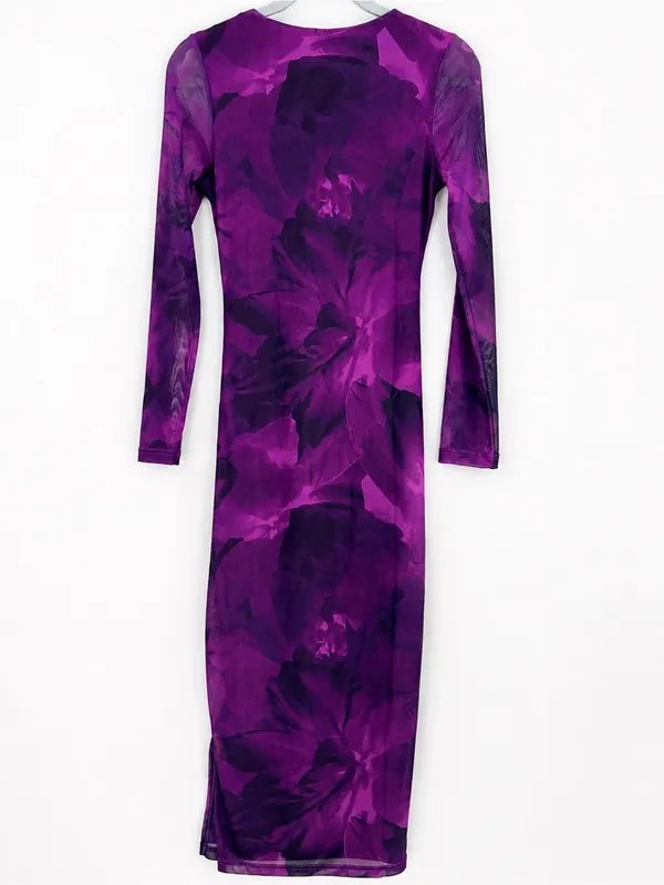 PrettyGarden Purple Floral Ruched Mesh Midi Dress Long Sleeve Sz S Date Night - Image 3