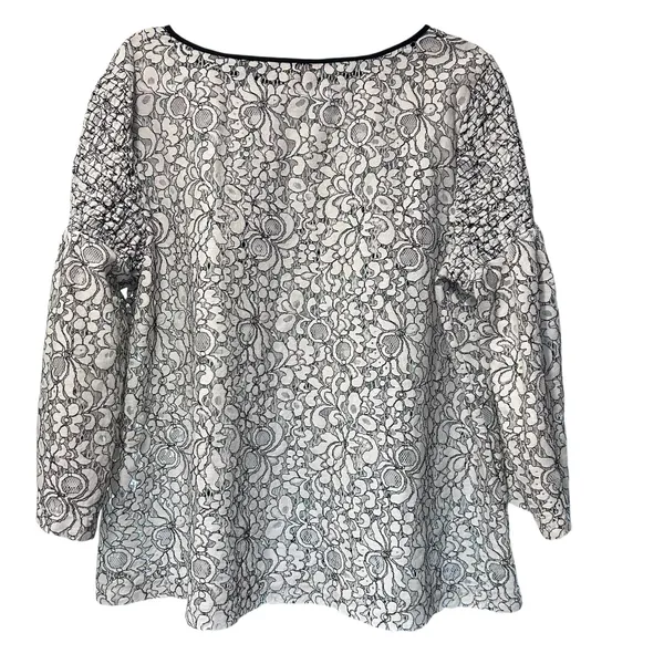 Loft Top Lace Mesh Boho Goth Formal Black White Floral Smocked Wide Sleeve SZ XL - Image 6