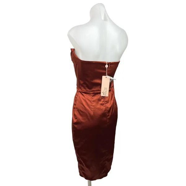 NEW Oh Polly Silk Satin Brown Strapless Cowl Cocktail Tube Mini Sheath Dress 8 - Image 2