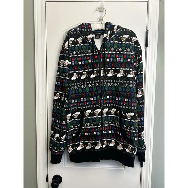 Old River Christmas Santa Fair Isle Sherpa Lined Zip Hoodie Jacket XXL Cozy Warm - Image 2